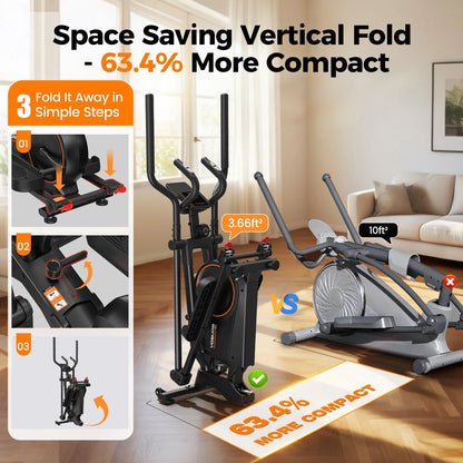 Foldable Elliptical Machines, 16 Resistance Levels Magnetic Elliptical Trainer for Home Gym Cardio with 350 Lbs Capacity