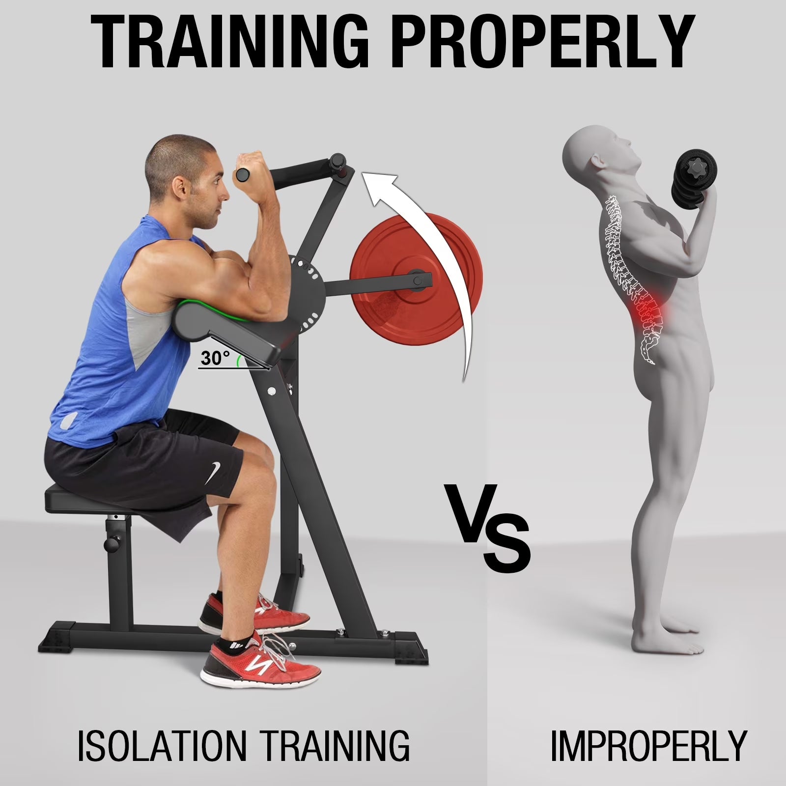 Bicep Tricep Preacher Curl Machine, Adjustable Seat, 2 in 1 Plate-Loaded Preacher Curl Machine for Home Gym