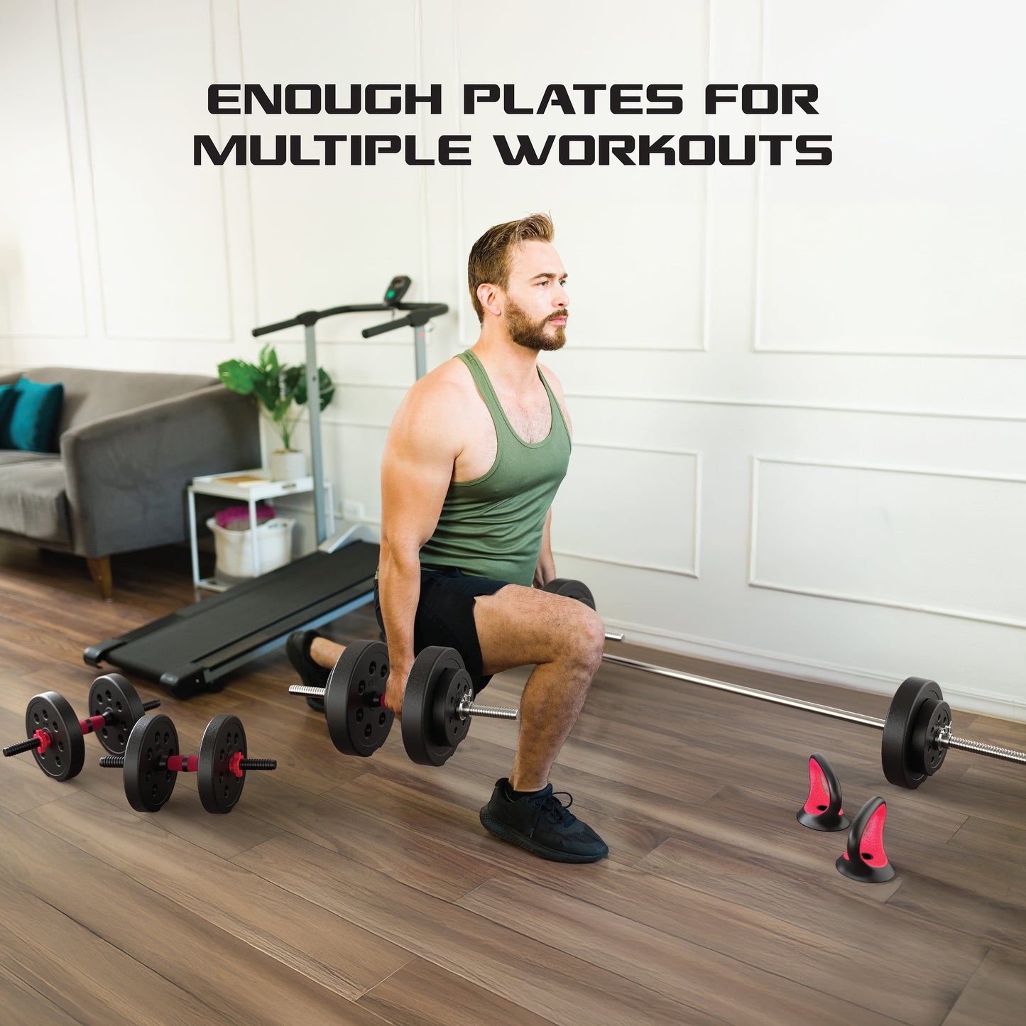 Smartbell Gym, 100Lbs. Adjustable Dumbbells, Kettlebells and Barbell Weight Set, Metal Barbell