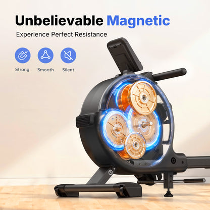 Magnetic Rowing Machine 350Lbs Weight Capacity, 16 Levels of Quiet Resistance, Bluetooth Rowing Machine for Home Workout