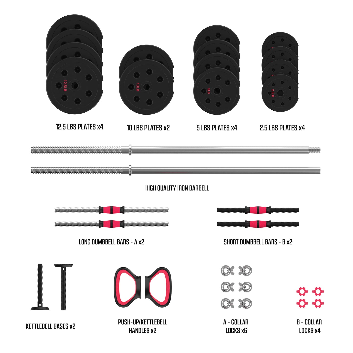 Smartbell Gym, 100Lbs. Adjustable Dumbbells, Kettlebells and Barbell Weight Set, Metal Barbell