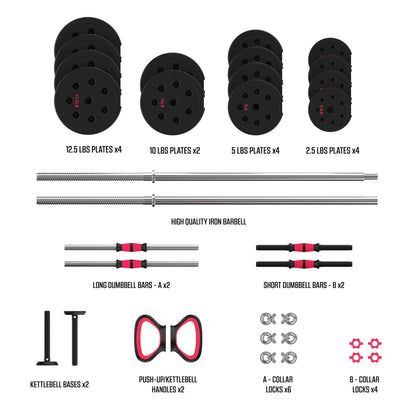 Smartbell Gym, 100Lbs. Adjustable Dumbbells, Kettlebells and Barbell Weight Set, Metal Barbell