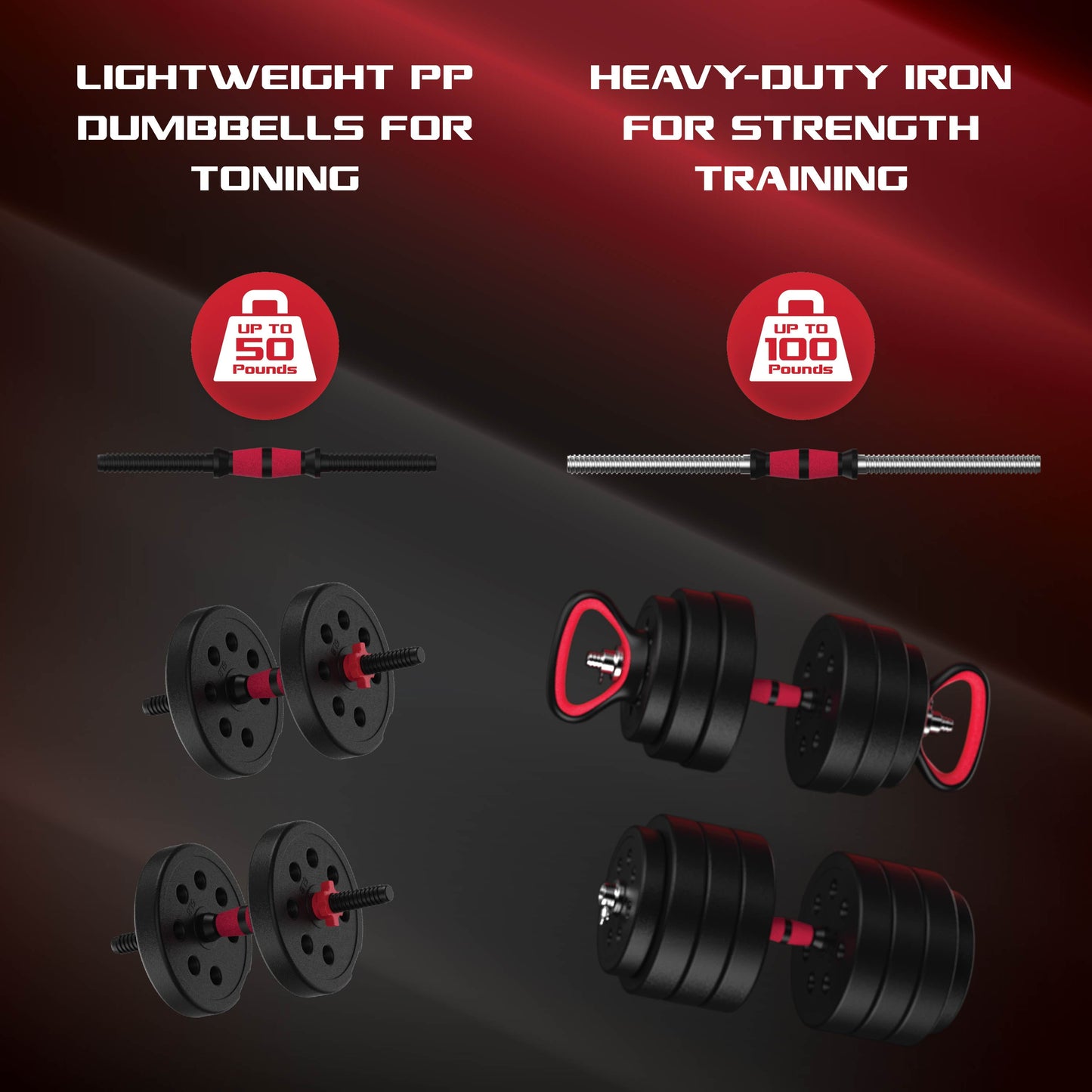 Smartbell Gym, 100Lbs. Adjustable Dumbbells, Kettlebells and Barbell Weight Set, Metal Barbell