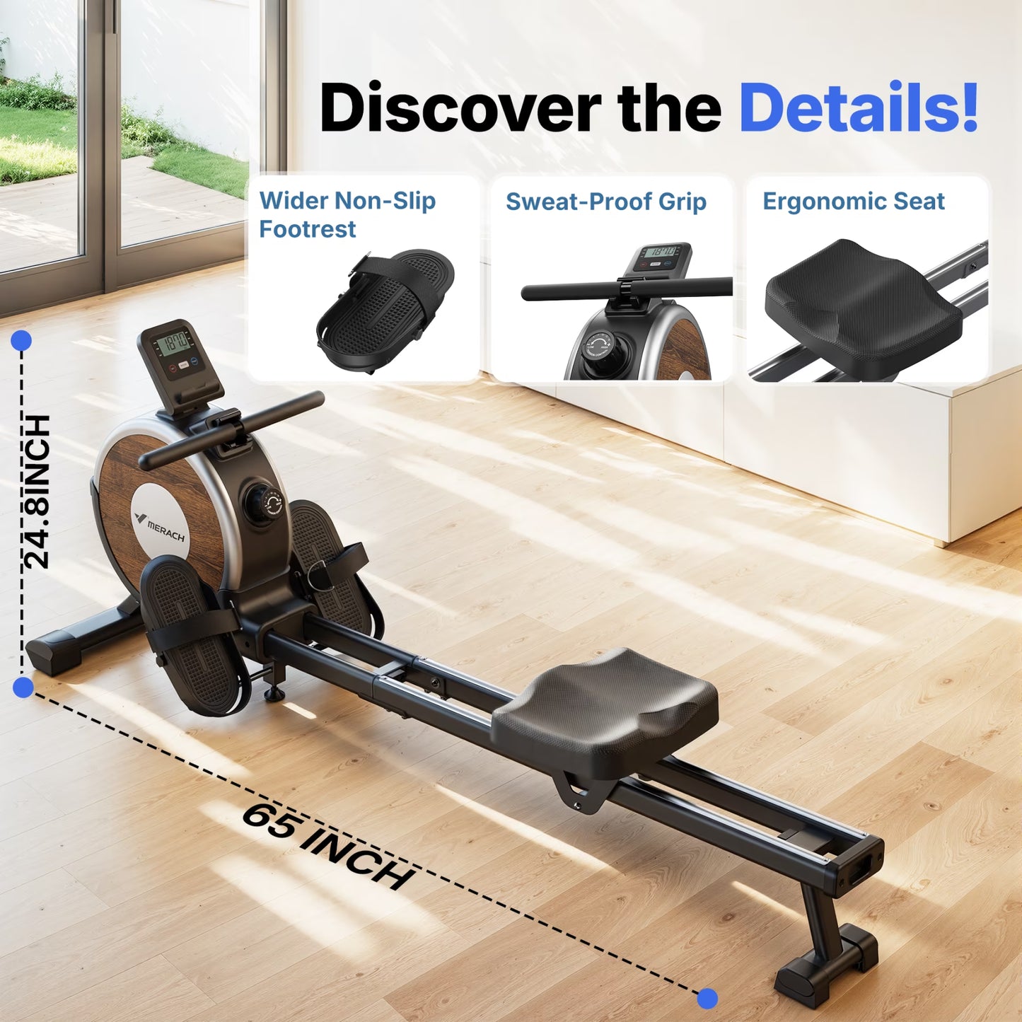 Magnetic Rowing Machine 350Lbs Weight Capacity, 16 Levels of Quiet Resistance, Bluetooth Rowing Machine for Home Workout