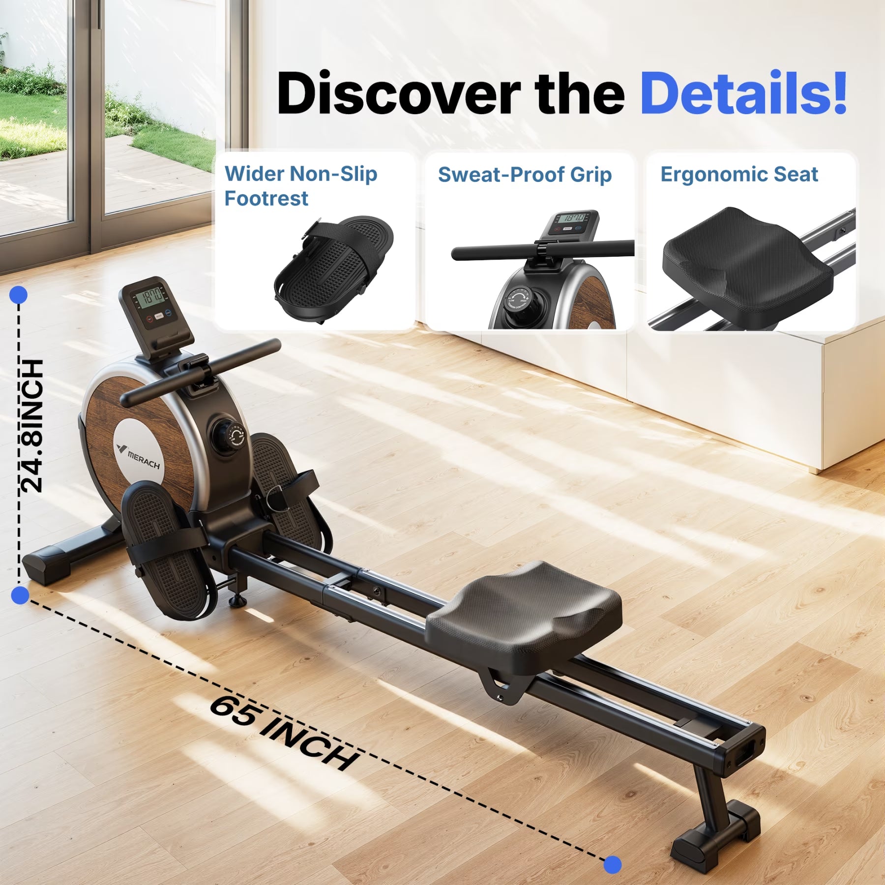 Magnetic Rowing Machine 350Lbs Weight Capacity, 16 Levels of Quiet Resistance, Bluetooth Rowing Machine for Home Workout