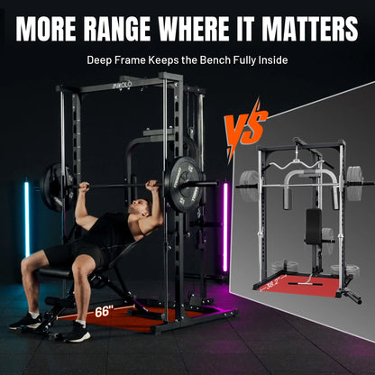 Smith Machine Home Gym, Multi-Functional Power Rack with Pec Deck Machine, Lat Pull down System with Bar, Low Row Station with Cable Bar and Foot Board