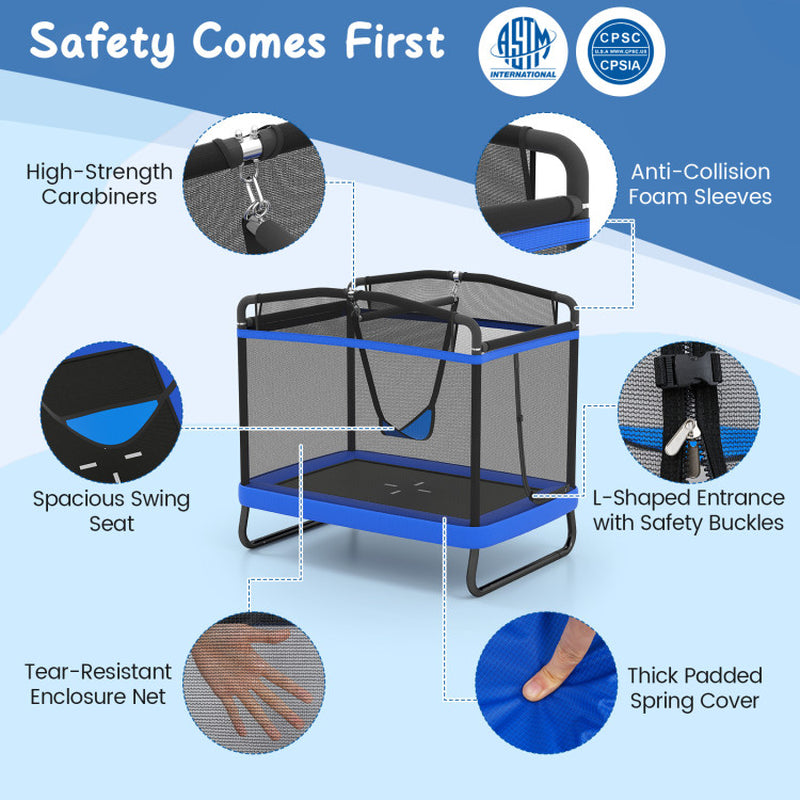 6 FT Kids Trampoline with Swing and Horizontal Bar Small Rectangle Trampoline